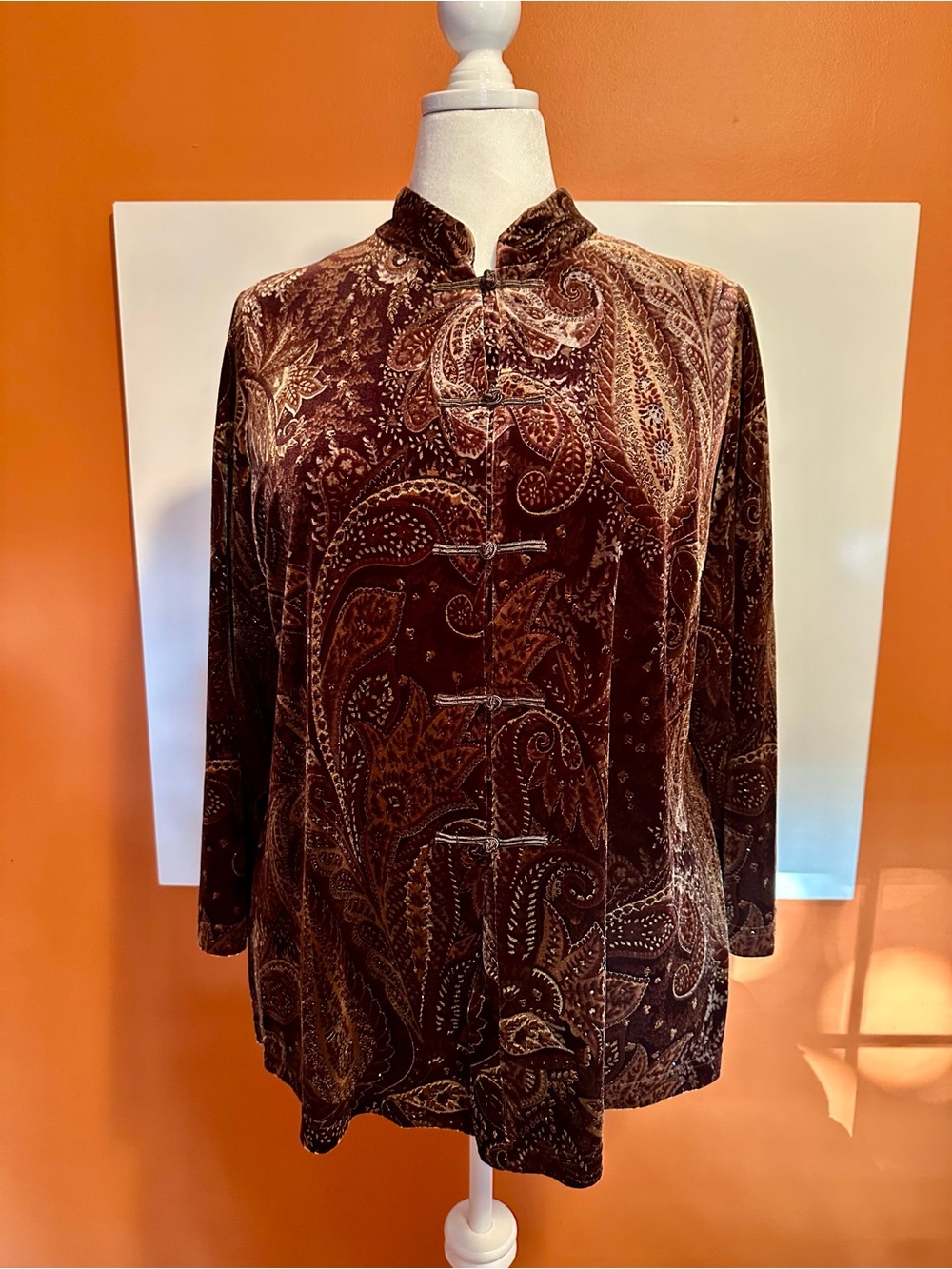 Coldwater Creek Velvet Paisley Mandarin Collar Frog Closure Jacket Blouse 1X